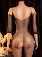 Plus Size Erotic Sexy Lingerie Bling Rhinestone Fishnet Bodysuit Transparent Sex Dress Women Mesh Tights Sexy Exotic Body Socks