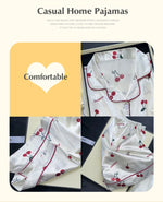Cherry Print Pajamas Set for Women Summer Satin Two Piece Sleepwear Short Sleeve Shirt and Shorts Casual Fashion Homewear