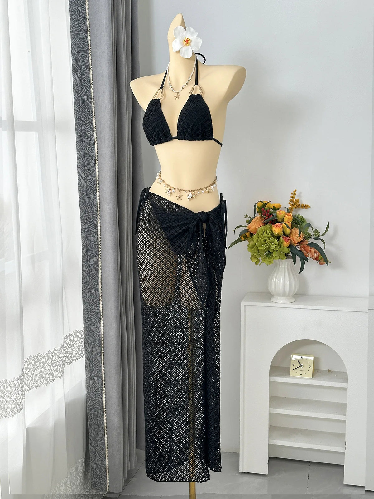 Sexy Mesh Cover Up 3 Piece Bikinis Sets 2026 Women Black Metal Chain Strap Push Up Thong Swimsuit Holiday Bathing Suit Swimwear