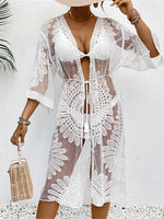 Sexy Embroidery Half Sleeve Chiffon Cardigan Tunic Beach Cover Up Cover-ups Beach Dress Beach Wear Beachwear Female Women V5510