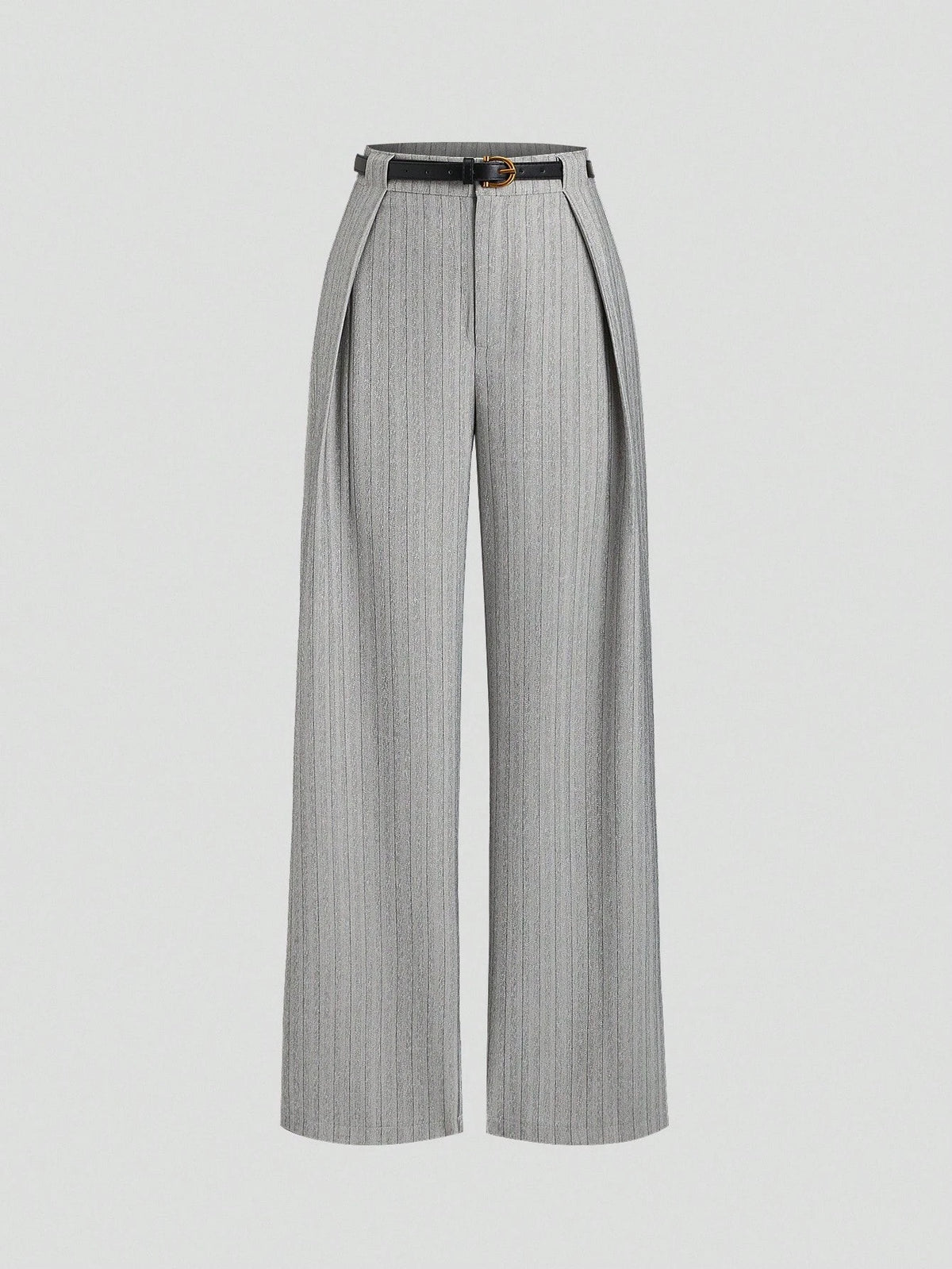 Women's Elegant Grey Striped Pleated Office Lady Pants Casual Wide Leg Loose Long Trousers Spring/Fall