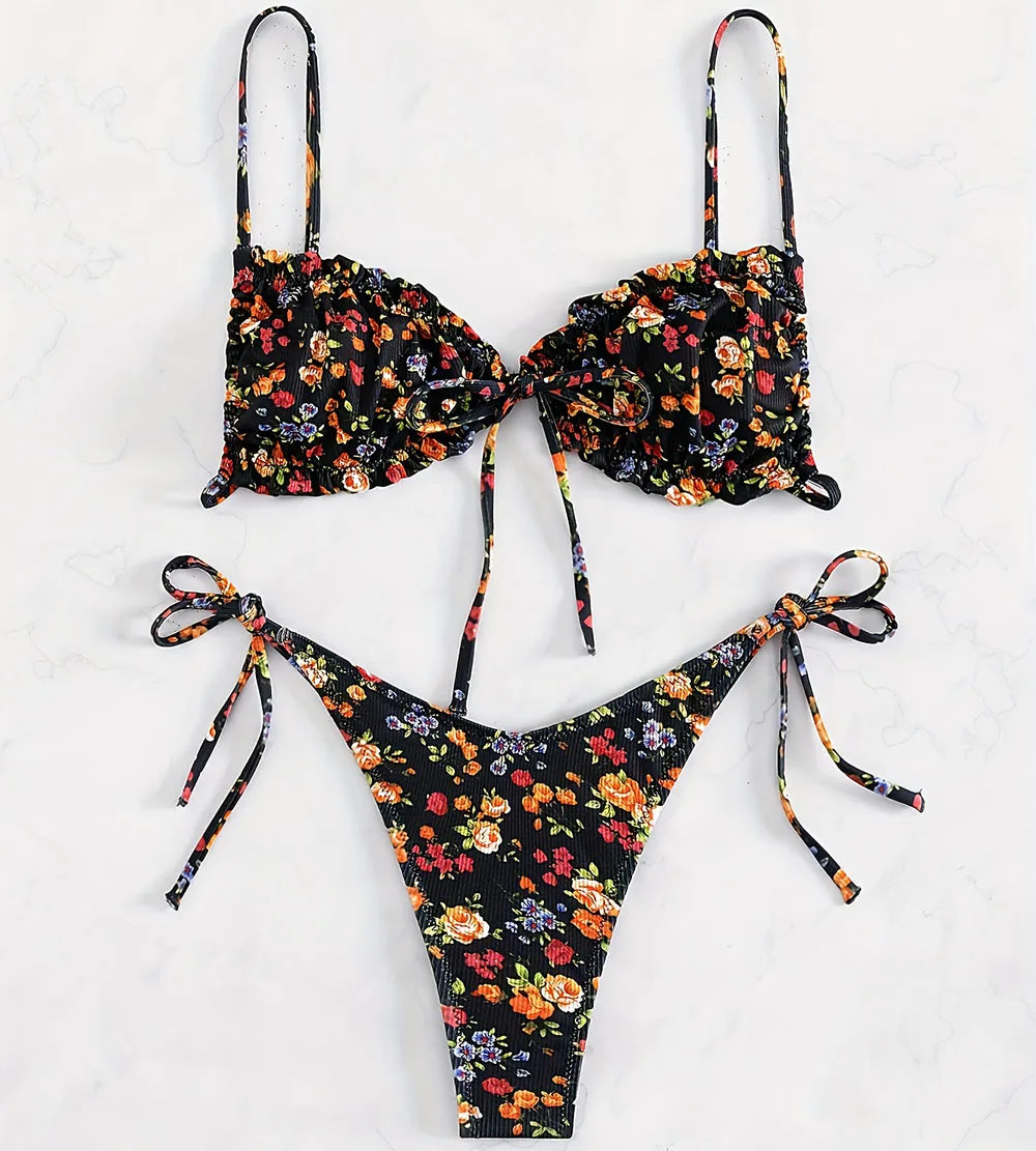 Sexy Floral Print Push Up Bikini Sets Women Swimwear Two Pieces Swimsuit Low Waist Bather Beach Bathing Suit Summer 2025 New