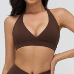 Naked Sports Bras Women Solid Coffee Cross V-neck Shock-absorbing Yoga Suit Gym Fitness Running Workout Crop Top
