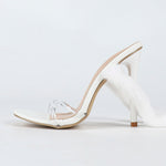 New Fashion White Fur Furry Snake Twine Ankle Strap Sandals Women Summer Square Toe Thin High Heels Wedding Banquet Shoes