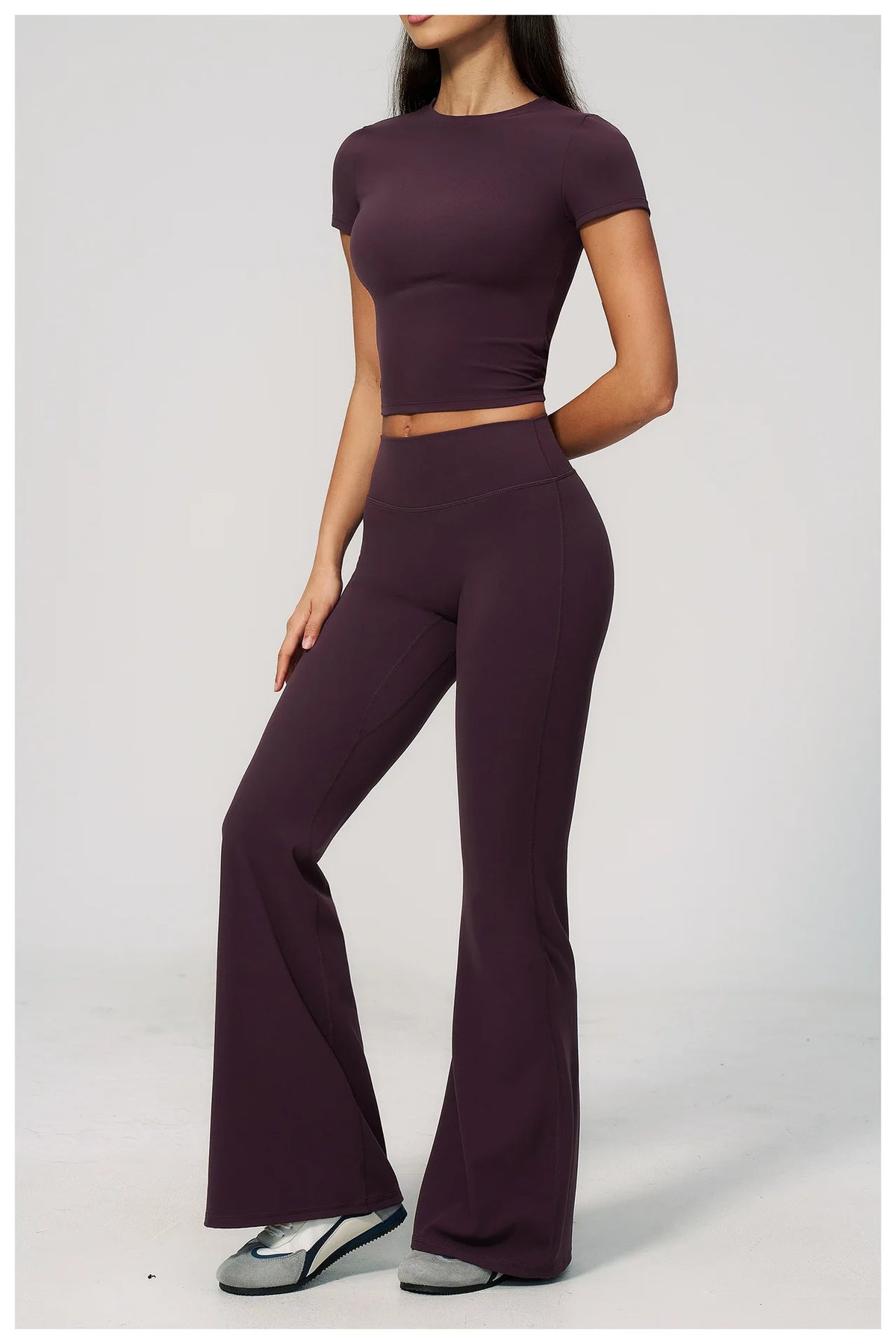 Creamy 2 Pieces Workout Suit Women Yoga Outfits Short Sleeve O Neck Slim Sports T Shirts High Waist Flare Pants Gym Fitness Sets