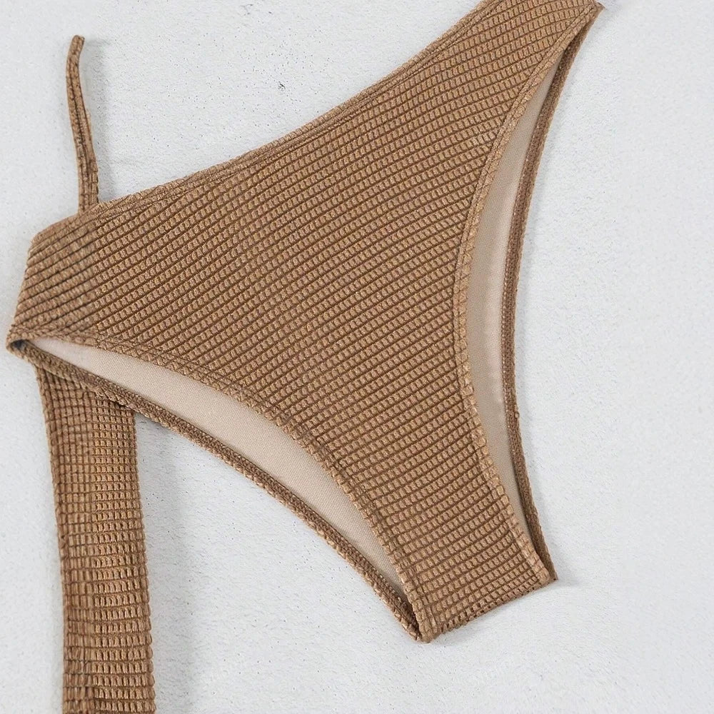 New 3 Pieces Push Up Bandeau Thong Bikini Set Swimsuit Women Brown Swimwear with Sarong Skirts Beach Wear Summer Bathing Suit