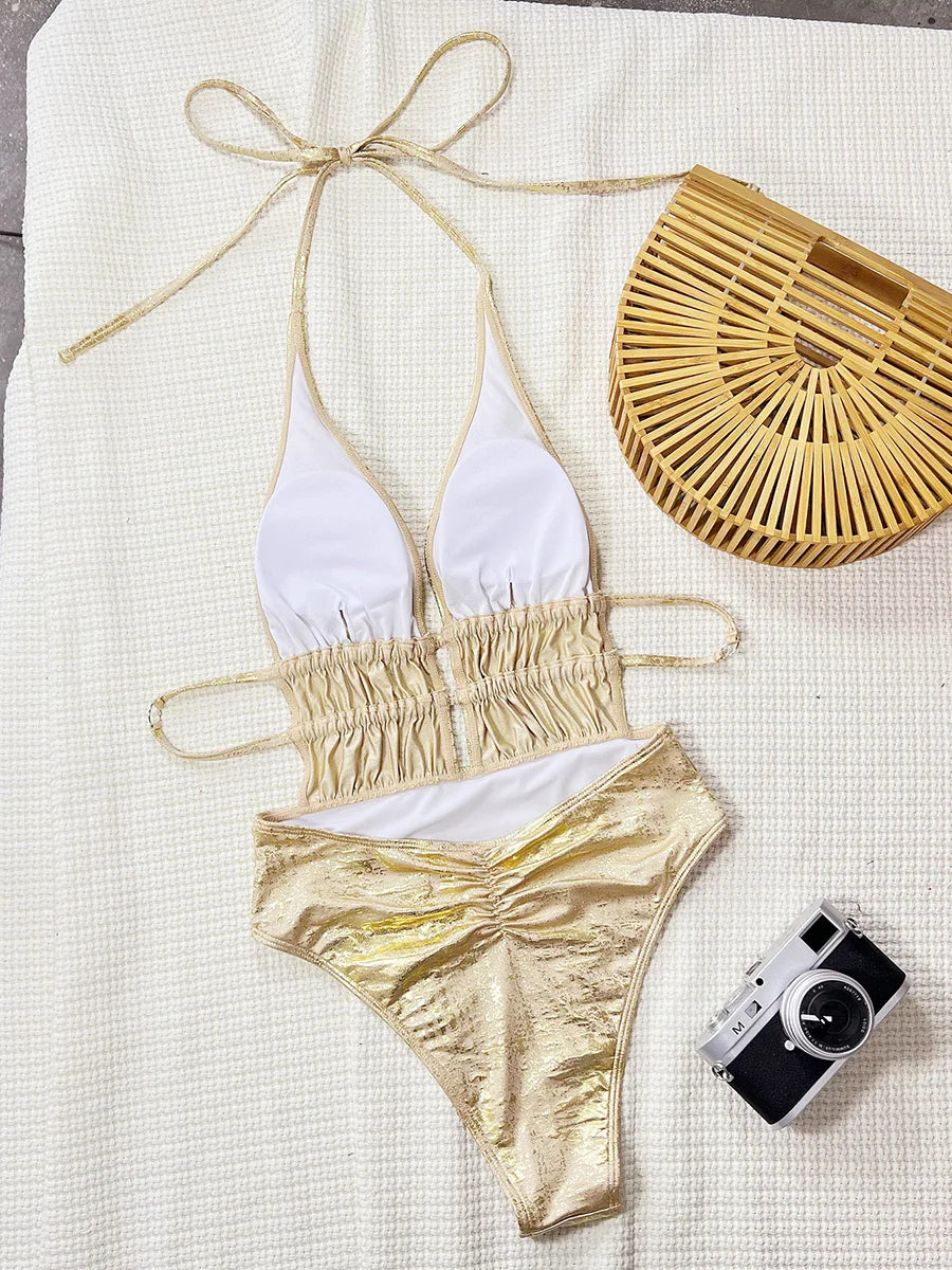Shiny Deep V Neck Halter One Piece Swimsuit Women Swimwear Female Scrunch Butt Monokini Backless Bather Bathing Suit Swim Lady
