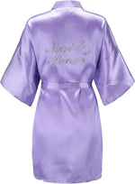 Women's Satin Kimono Robes with Rhinestones Bride Bridesmaid Short Getting Ready Wedding Dressing Gown