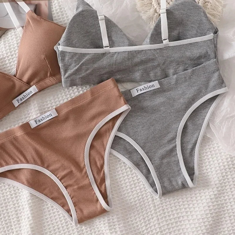 Women Cotton Bra And Panties Set Low Rise Briefs Panties Non-Wire Vneck Bras Sexy Lingerie Push Up Brassiere Female Underwear