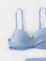 Women's Sky Blue Three Piece Swimsuit Solid Color V-neck Underwire Bikini Set Beach Vacation Suspender Backless Swimwear 2026