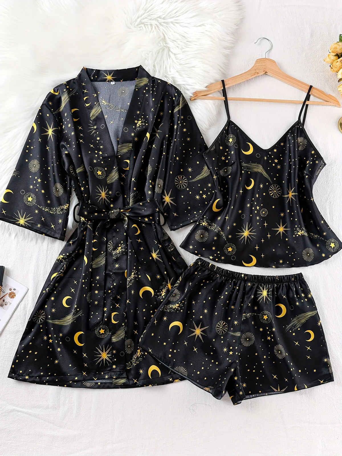 Women's Pajama Comfortable Loose Women's Elegant Pajama Set with Star and Moon Print V-Neck Camisole and Shorts 3pcs Set for All