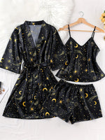 Women's Pajama Comfortable Loose Women's Elegant Pajama Set with Star and Moon Print V-Neck Camisole and Shorts 3pcs Set for All