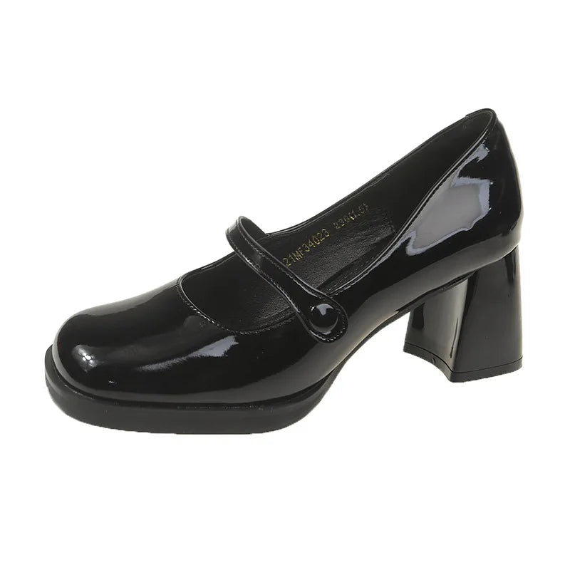 2026 New Patent Leather Brown Shoes Vintage Thick High Heels Mary Jane Shoes Women Woman Square Toe Chunky Heels Pumps Mujer