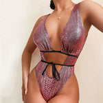 Sexy Gold Snake Print Shiny Swimwear Cut Out Monokini One Piece Swimsuits Women 2025 String Cross Bathing Swimming Suit Bodysuit
