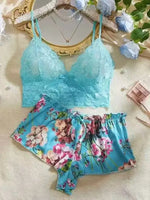 Women Floral Print 2 Piece Pajama Set Lace Spaghetti Strap Cami Top Bow Decor Satin Shorts Soft Silky Loungewear Ladies Sleepwea