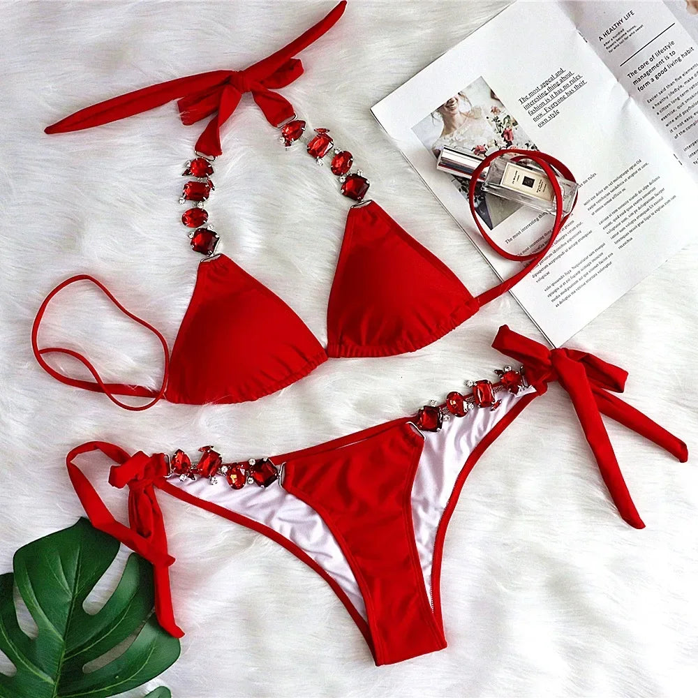 6 Colors Sexy Bikini Women Swimwear Swimsuit Push Up Shiny Crystal Diamond Chain Bikinis Set Bathing Suit Maillot De Bain Femme