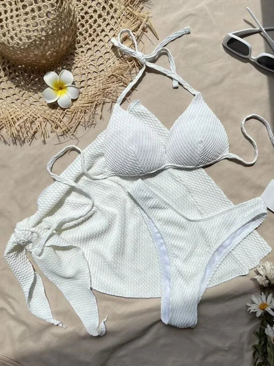 With Skirt Wrinkled Bra Cup Bikini Female Swimsuit Women Swimwear Three-pieces Bikini Set Push Up Bathing Suit Swim Beachwear