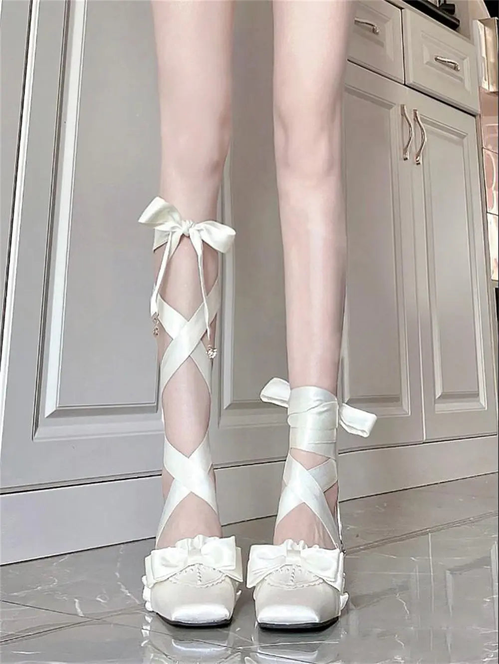 Brand New Vintage y2k Square Toe Mules Pumps Gothic Ruffles Lolita Bow-knot Block Heels Ribbon Tie Ballet Shoes Women