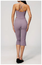 Summer New Yoga Clothing Women Solid V Neck Slim Sports Tank Top Athletic Wear High Waist Butt Lift Mid Pants Gym Fitness Suits