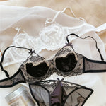French Sexy Satin Embroidery Bra Set Women Ultra Thin Lace Flowers Underwear Romantic Bralette Breathable Bras and Panties Set