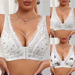 Women Lace Trim Butterfly Print Front Closure Wireless Bralette Comfortable Breathable Brassiere Plus Size Padded Push Up Bras