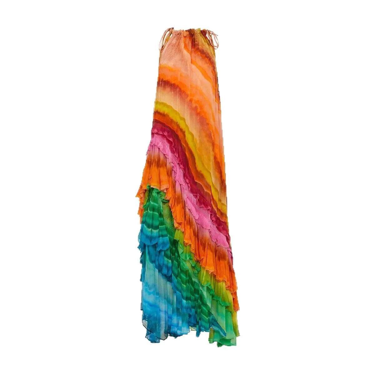 Rainbow Stripe Sleeveless Long Dresses Women Fashion Fold Layered Loose A-line Maxi Dress Temperament Lady Commuting Vestidos