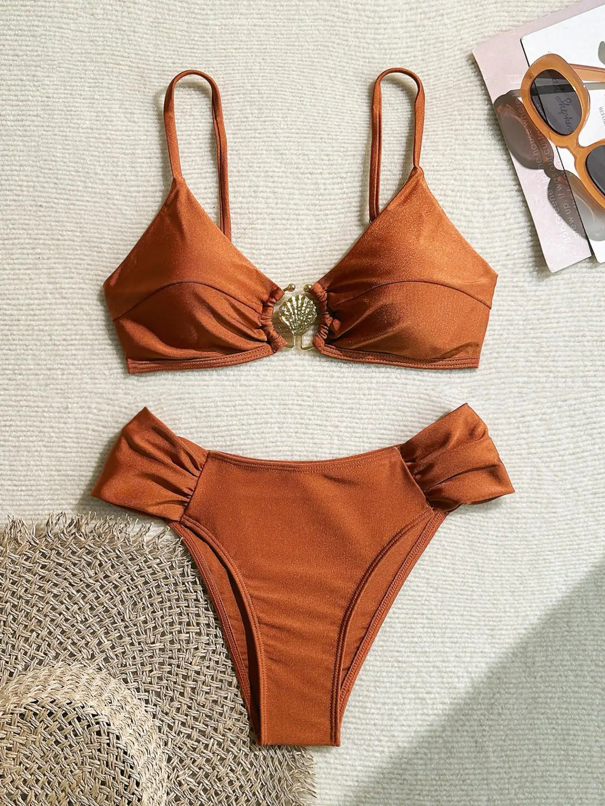 Sexy Pleate High Waist Bikini Set 2026 Women Orange Metal Buckle Push Up Two Piece Swimsuit Beach Bathing Suit Holiday Swimwear