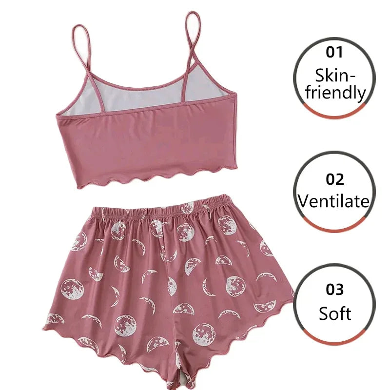 Summer Sleepwear Women 2 Pieces Pajama Set Pink Black Moon and Planet Print Sports Camisole and Shorts Set Casual Loungewear