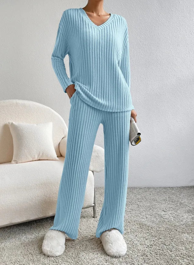 New autumn and winter women's sleepwear fashionable home wear casual straight leg pants loose V-neck knitted sweater best-seller