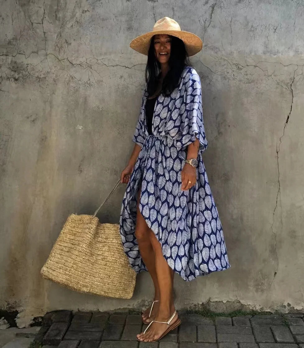 2024 New Summer Sexy Beach Kimono Swimwear Cotton Cover Up Swimsuit Women Print Bikini Cover Up Beachwear Dress Robe