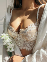 French Ultra Thin Lace Bra Set Sexy U Type Beautiful Back Underwear for Women Embroidery Flowers Bralette Romantic Bra Thong Set
