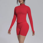 Women's Seamless Yoga Sets Sports Fitness Gym Zipper Long-Sleeve Jacket Hip Lift High-Waist Shorts Suits Workout Training Sets