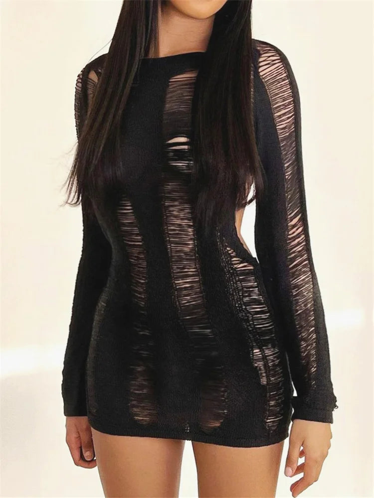 Women Autumn Ripped Knit Dress Long Sleeve Backless Bodycon Mini Dress Summer Fall Club Sexy E-Girl Dresses Female