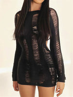 Women Autumn Ripped Knit Dress Long Sleeve Backless Bodycon Mini Dress Summer Fall Club Sexy E-Girl Dresses Female