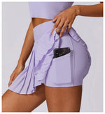 Sports Tennis Short Skirt Women's Summer Pleated Fake Two-piece Quick Drying Skort Fitness High Waist Pocket Yoga Running Skirts