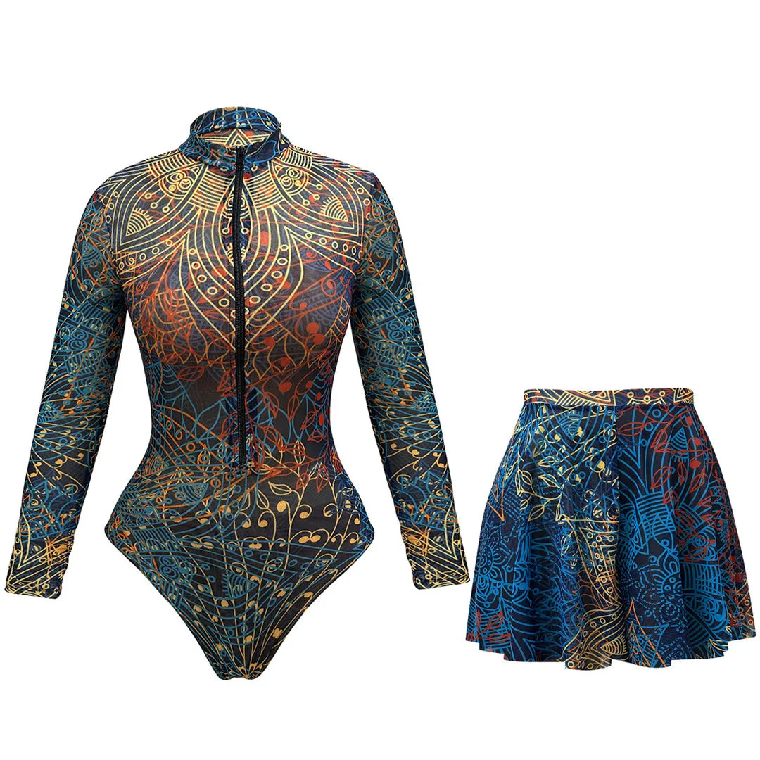 S - XXL New Printed Long Sleeve With Pants Sarong Shorts Women Swimwear One Piece Swimsuit Female Bather Bathing Suit Swim V8395