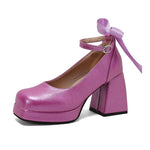 Big Size 48 Sweet y2k Pink Mary Janes Pumps Blue Ribbon Knot Block High Heels Shoes Women White Party Wedding Platform Shoes
