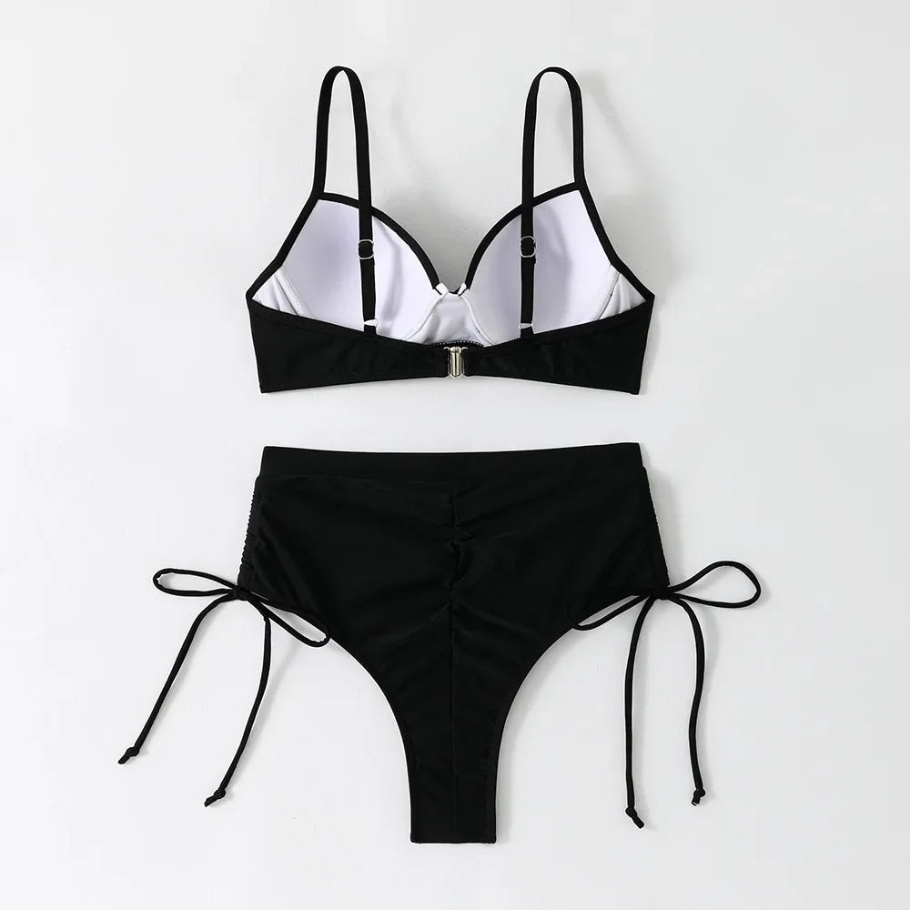 High Waist Bikini Set Sexy Push Up Swimsuit Women Black Beachwear Tummy Control Swimwear Drawstring Bathing Suit Bikinis 2026