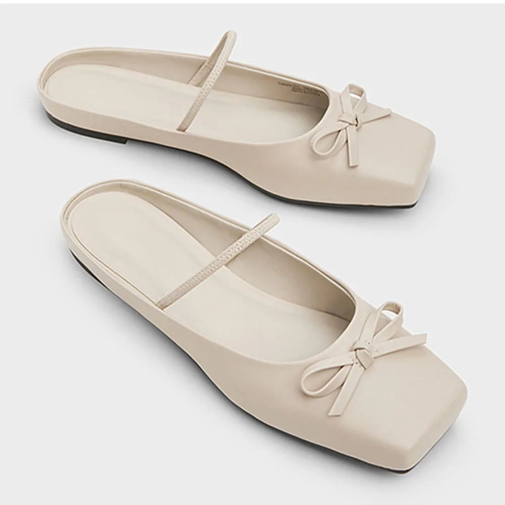 2025 Summer Elegant Black Square Toe Ballet Flats Shoes Women Butterfly Knot Slip On Comfy Walking Mules Shoes Outdoor Slides