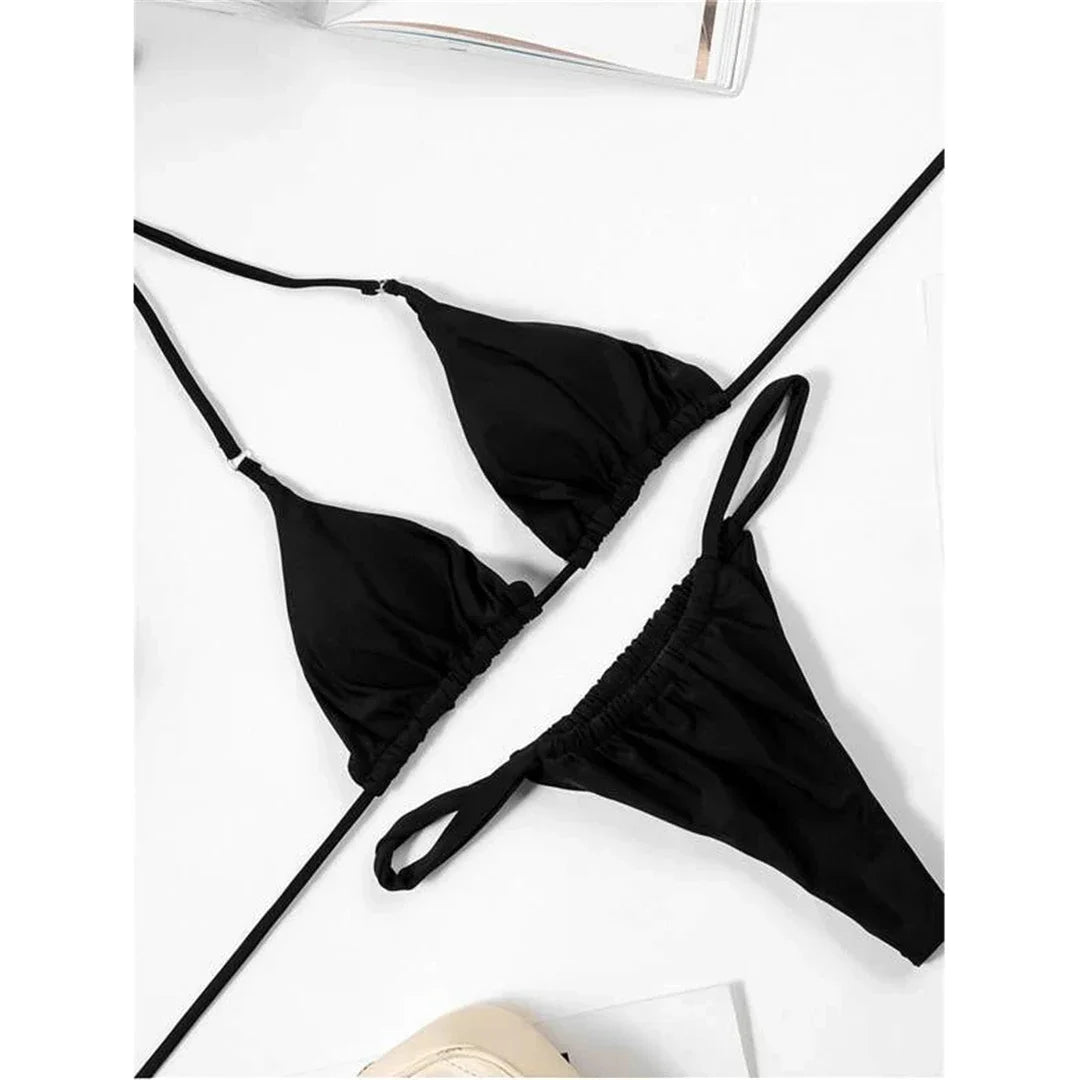 Wrinkled High Cut Mini Micro Thong Bikini Women Swimwear Female Swimsuit Two-pieces Bikini Set Halter Bather Bathing Suit Swim