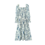 French Casual Style Square-neck Slim-fit Dress Feminine With Side Slit Three-quarter Sleeves Waist Cinching Printed Holiday THF3