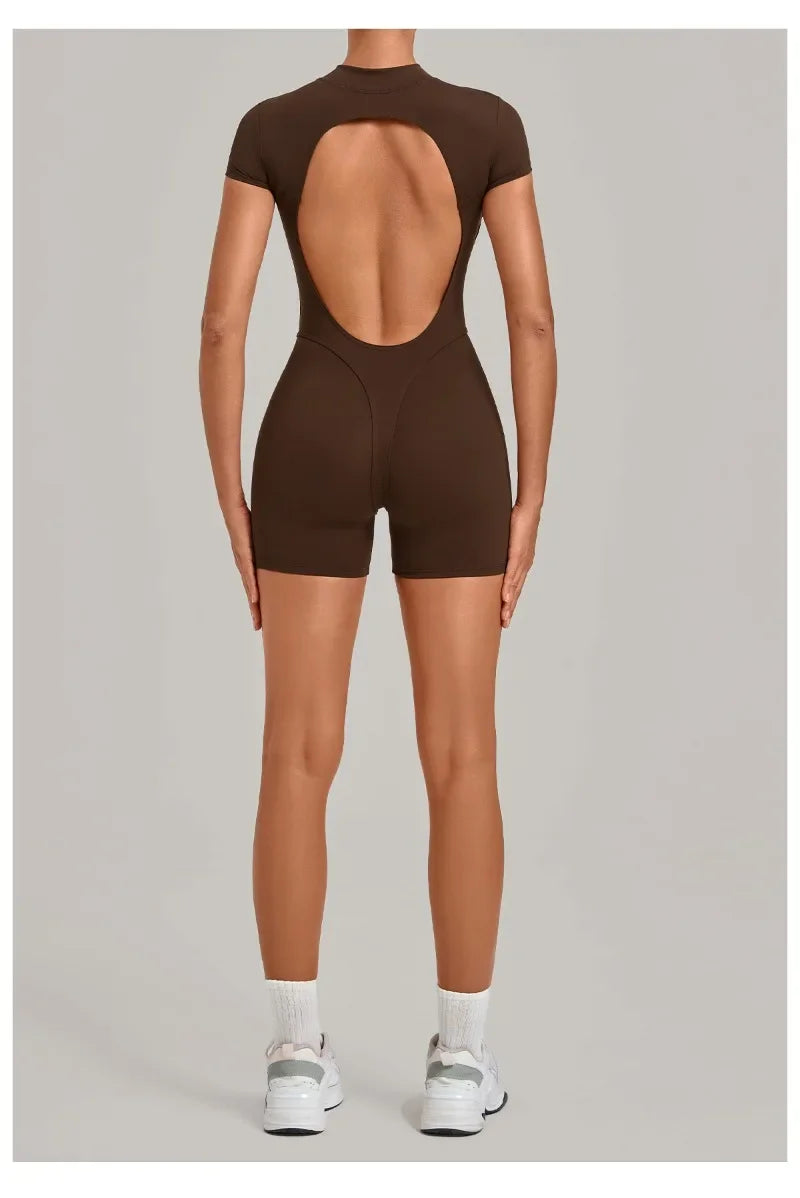 Women's Seamless Yoga Jumpsuits Fitness Sports Hip-lifting Backless Short-sleeved Training Gym Workout Shorts One-piece