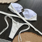 Solid White Texture Metal Ring Swimwear Bandeau Bikini Micro Mini Thong Sexy Swimsuit Women 2026 Bather Brazilian Bikinis Sets