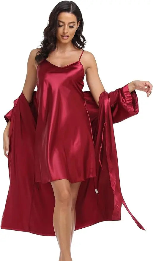 Women's Luxury Silk Pajamas Set Long Sleeve Robe Comfortable Loose Slip Skirt Women's Pajamas Two Piece Set