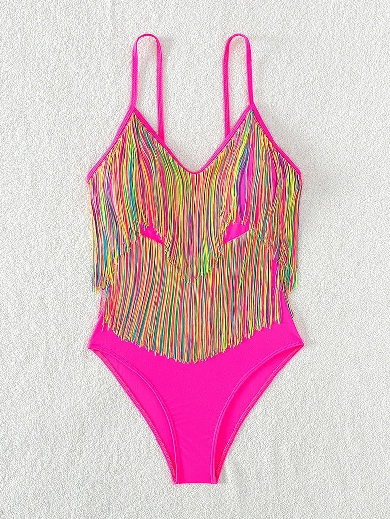 Colorful Tassel One Piece Swimsuit Women Sexy Hot Pink Push Up Tummy Control Swimwear Beach Backless Bathing Suit Monokini 2024