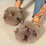 Women Winter Fluffy Closed Toe Slippers Sweet Bow Ornament Soft Non‑Slip Sole Warm Cozy Indoor Outdoor Casual Footwear