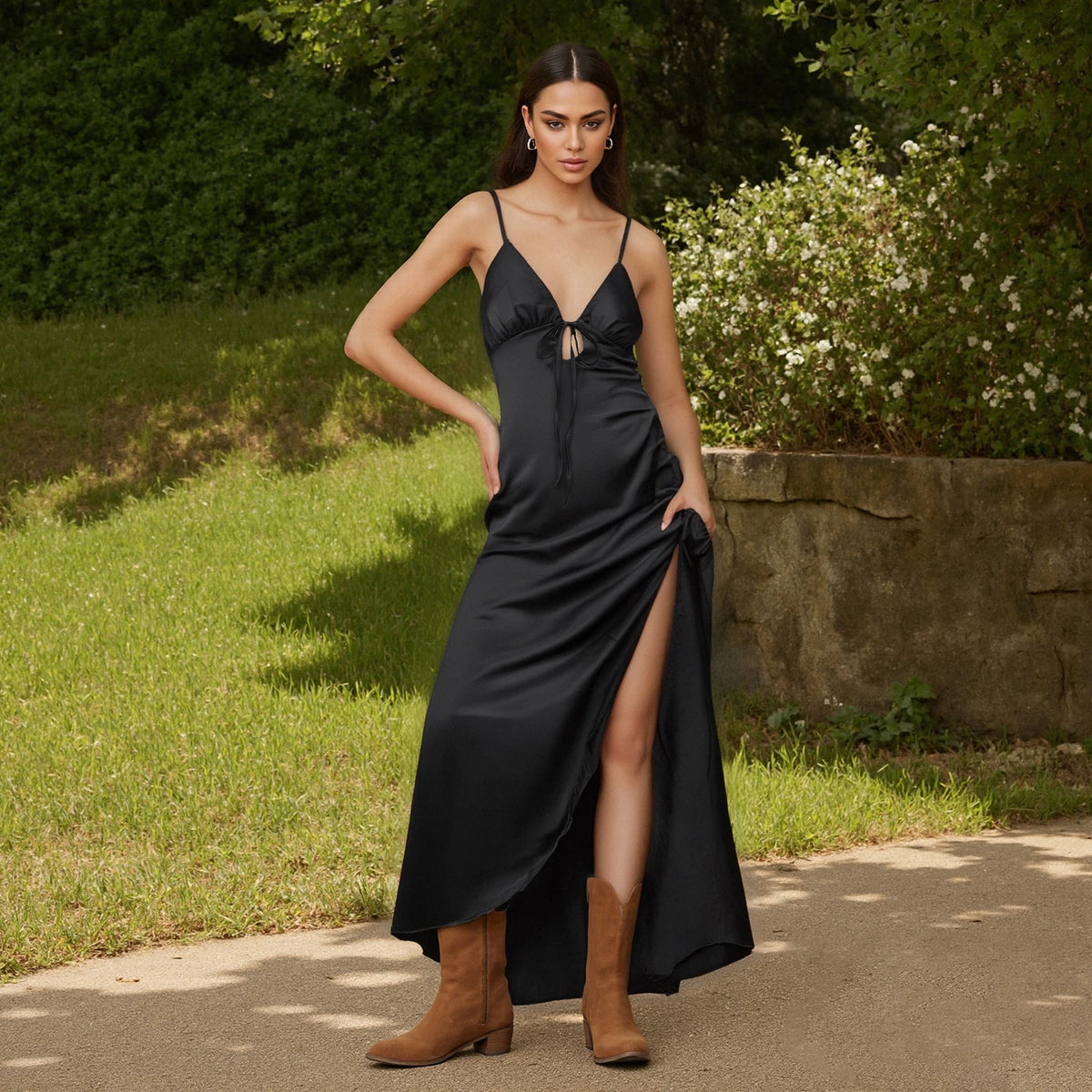 Women Cami Dress Solid Color Sleeveless Tie-Up Front Backless Dress Long Dress Summer Casual Dress
