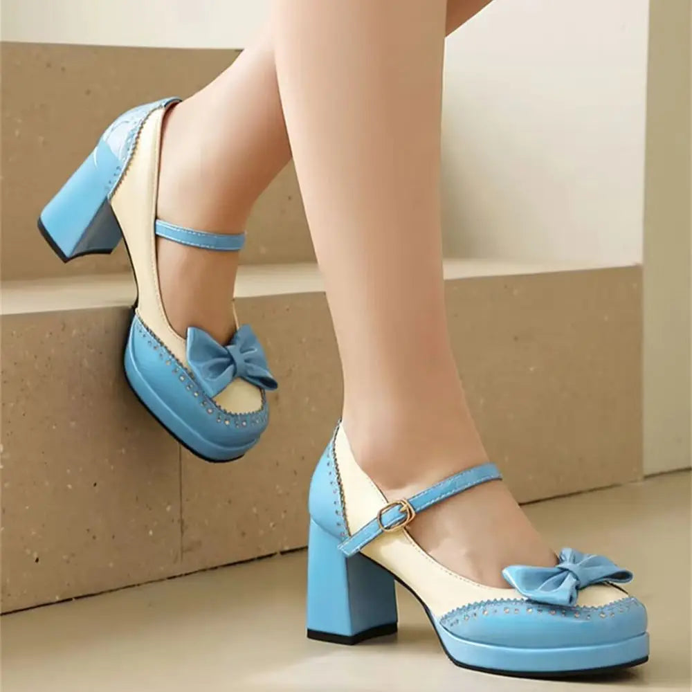 Plus Size 32-48 Sweet Lolita Patent Leather Mary Jane Shoes Women Gothic Square Toe Bow Tie Platform Chunky Heels Brogue Pumps