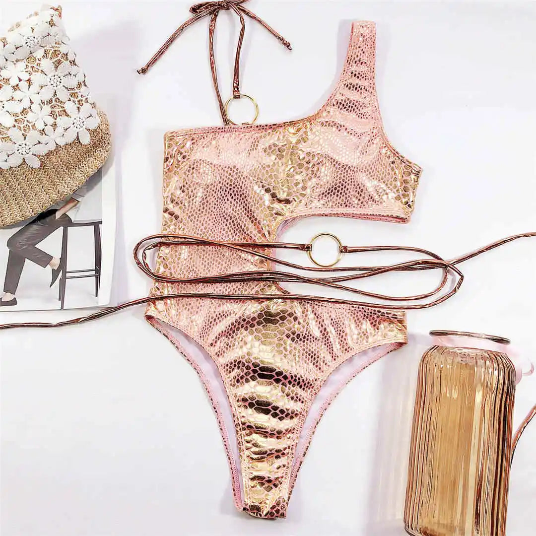 Sexy Snake Printed One Shoulder Wrap Around Cut Out Women Swimwear One Piece Swimsuit Female Bather Bathing Suit Swim V1892C