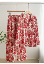 Ink Printed Ice and Snow Silk Pajama Set for Women Spring and Autumn Simple Small Lapel Long Sleeve Home Clothes Nightwear